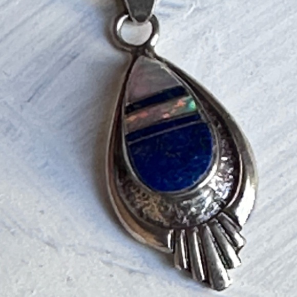 Opal And Lapis Bezel Set Sterling 925 inlay Pendant Necklace Signed VTG 4250 W - Picture 15 of 16